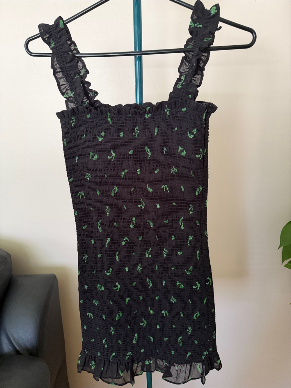 Wilfred Black Mini Dress with Green Print